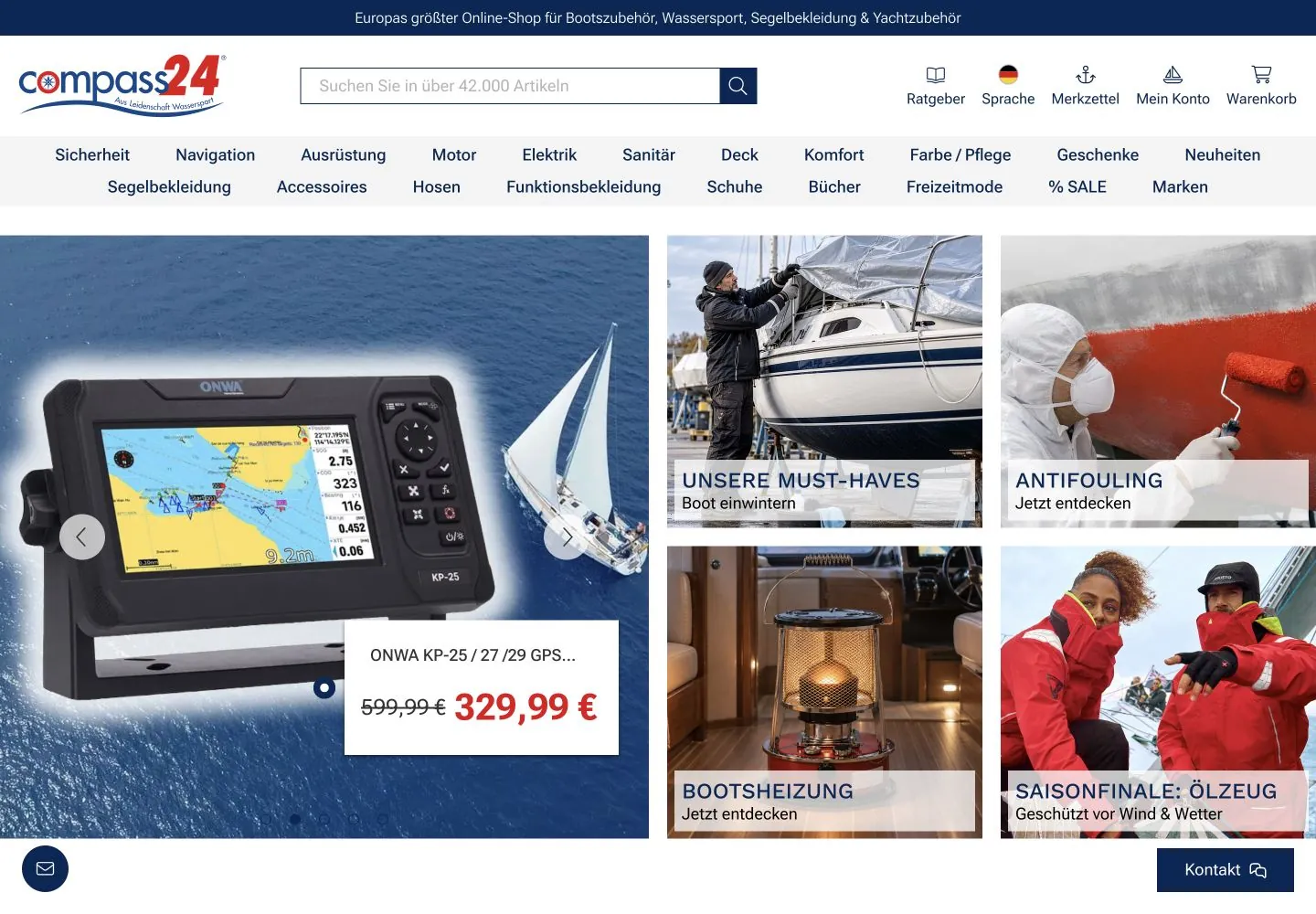 Compass24 shop homepage with navigation and product range