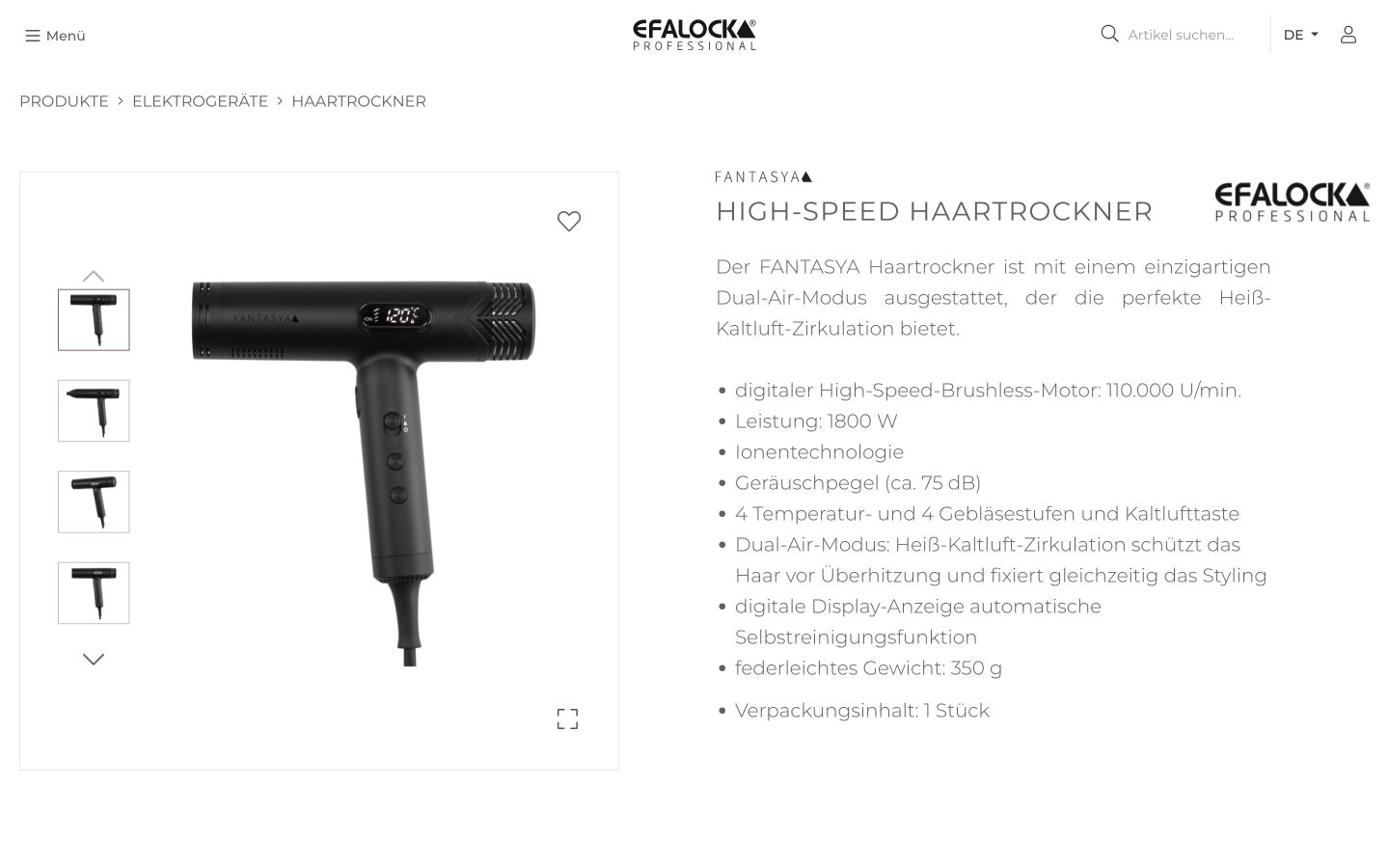 Echte EFALOCK-Produktseite mit Produktbildern und technischen Merkmalen