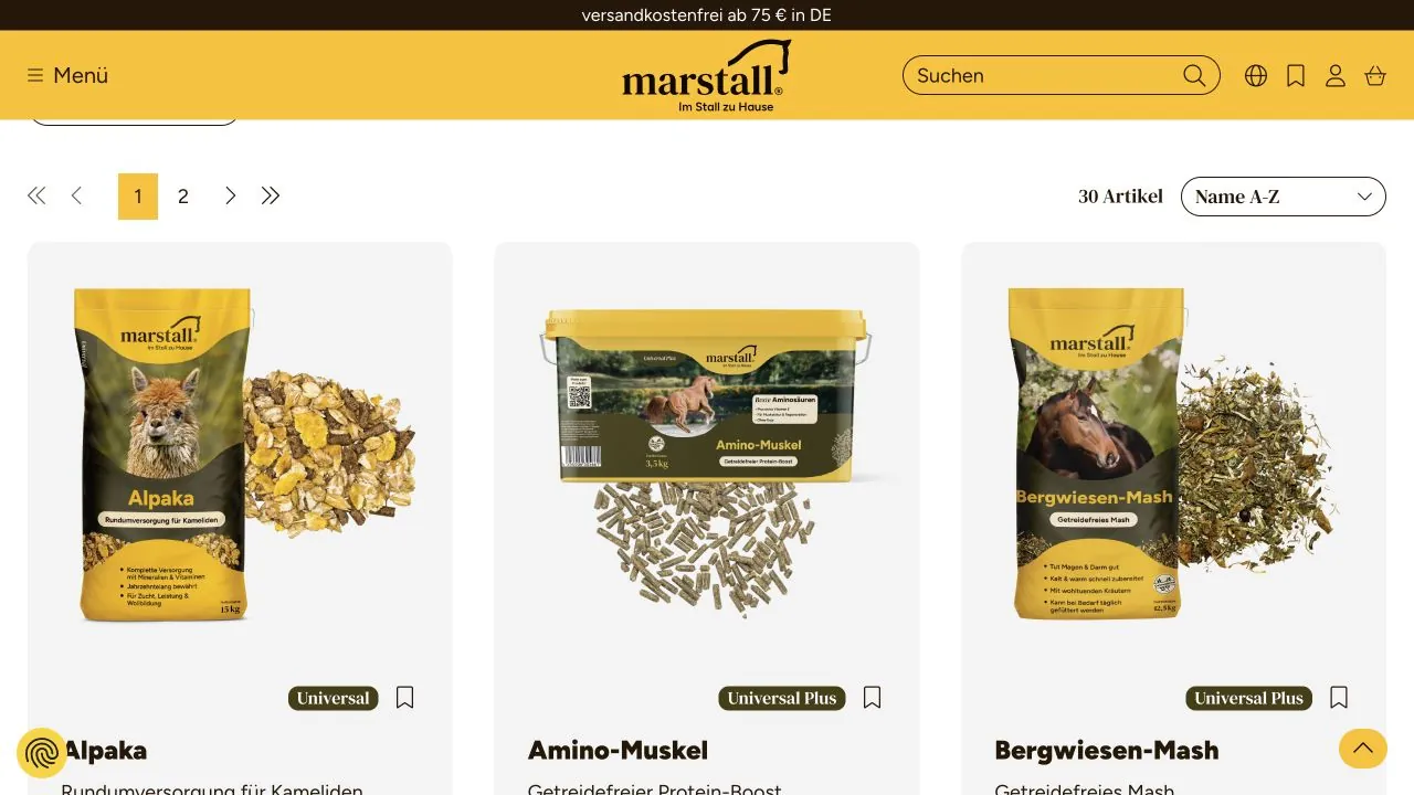 Aktuelle Marstall-Shopansicht mit Futterprodukten und Markenauftritt