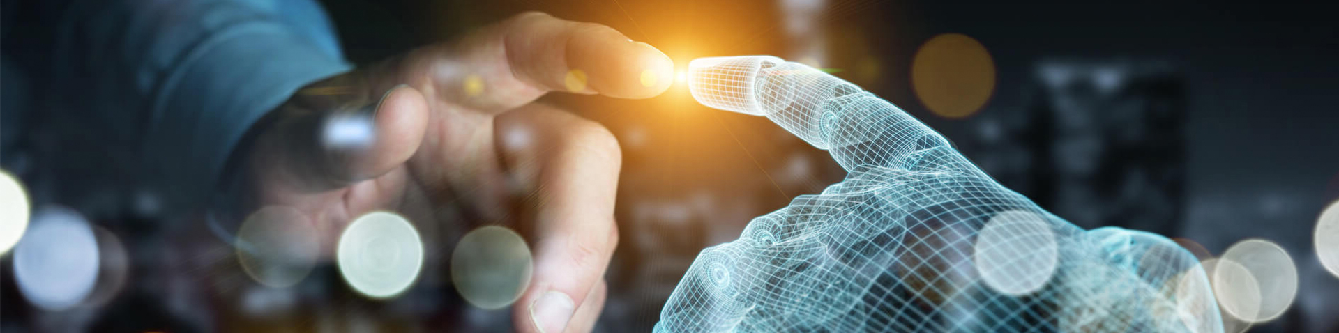 Menschlicher Finger berührt die Fingerspitze einer digitalen Drahtgitter-Hand – Meyle+Müller Success Story