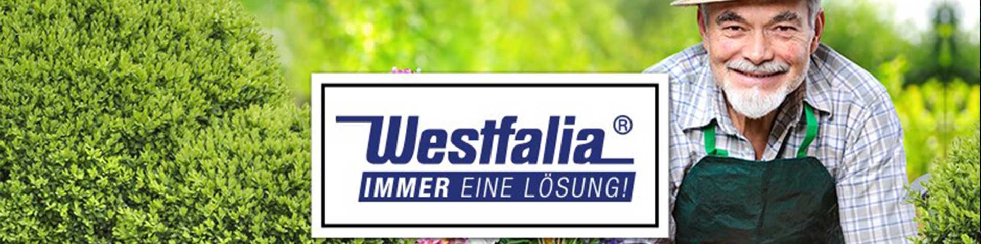 Westfalia logo “Immer eine Lösung!” in front of a smiling gardener between hedges – Westfalia success story