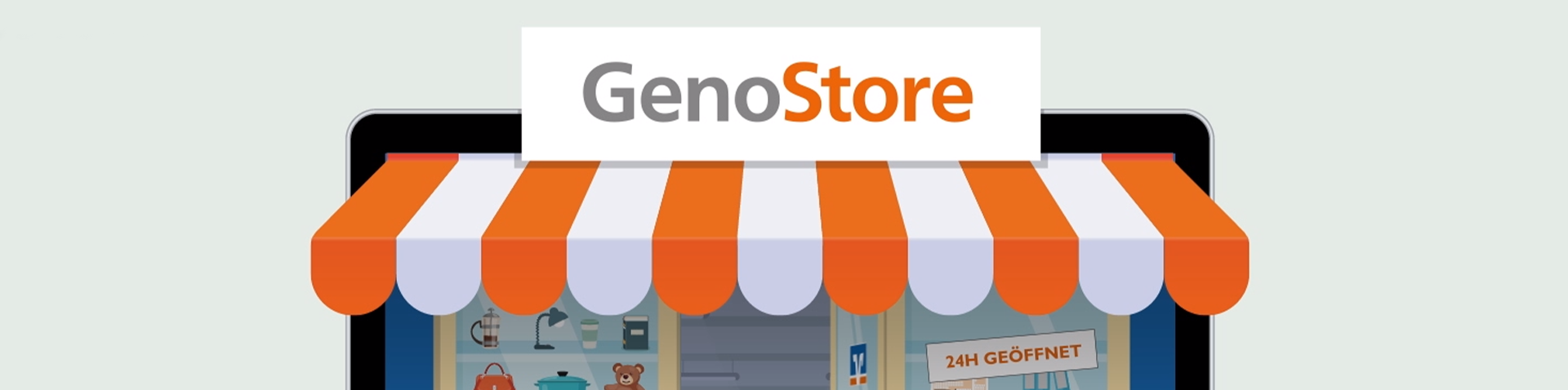 Illustration eines Ladengeschäfts mit orange-weißer Markise und GenoStore-Schild – DG Nexolution Success Story
