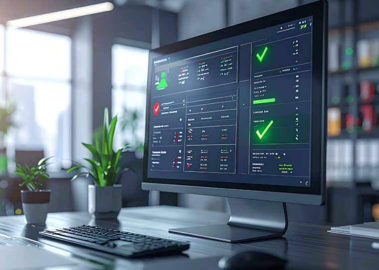 Firefly Close up realistic photo of a computer screen in an office showing product database 648429 1