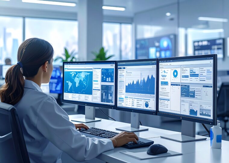 Firefly Modern office scene with professionals working on secure data management computer sc 105229