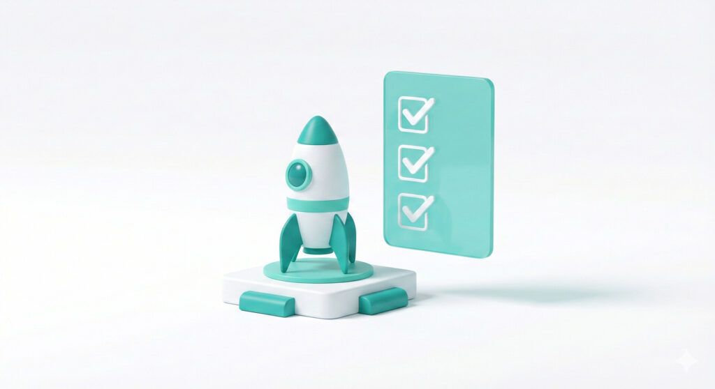 3D-Illustration einer Rakete neben einer Checkliste mit drei Haken