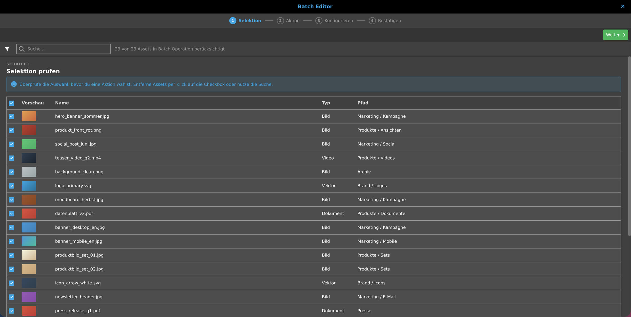 Batch Editor fuer Asset-Massenbearbeitung