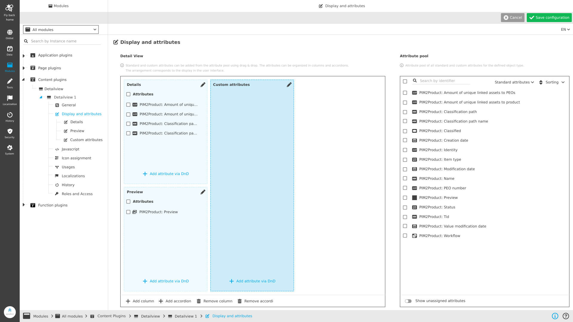 ConfigUI Display and Attributes Konfiguration