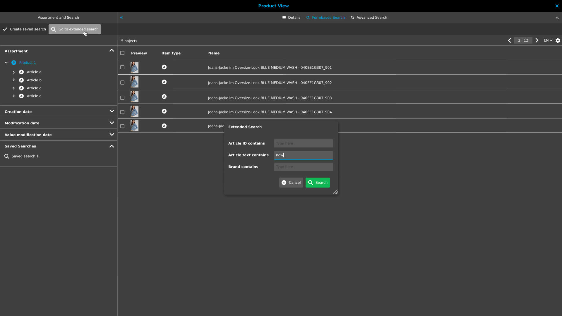 Product View mit formbasierter Suche