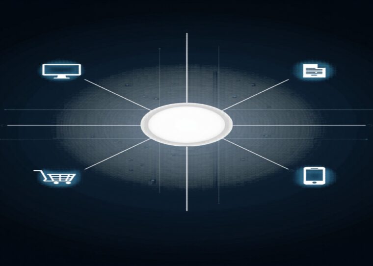 PIM-System - Zentrales Datenhub mit Produktdaten die zu verschiedenen Vertriebskanälen fließen