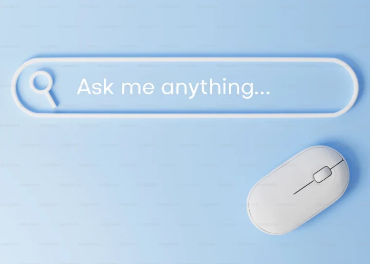Close-up of a light-colored search field with a blinking cursor and the placeholder "ask me anything…" — a typographic image for the shift from the classic search bar to conversation as the primary entry point.