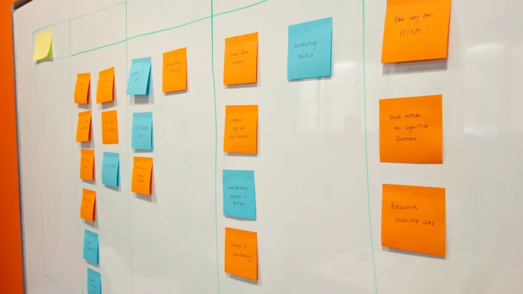 Whiteboard with sticky notes in columns — a visual project plan for PIM implementation