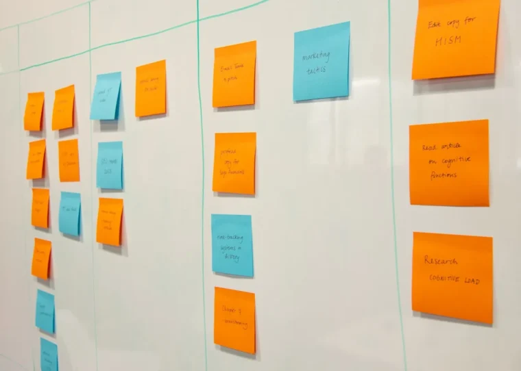 Whiteboard mit Haftnotizen in Spalten — visualisierter Projektplan zur PIM-Einführung