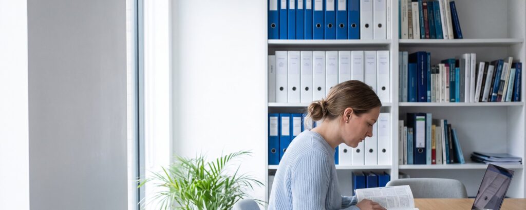 Woman reading a reference book next to a shelf with binders