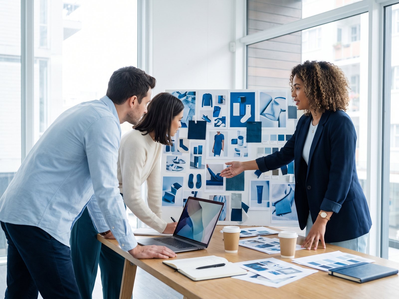 Marketing manager briefing two designers at a moodboard