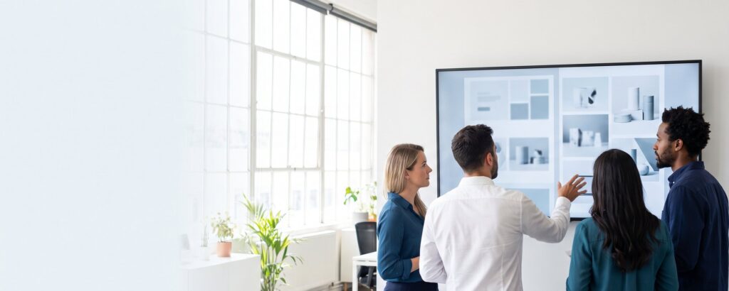 Agency team and client reviewing product layouts on a large screen