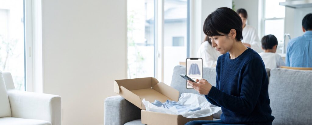 Woman buying a blouse on her smartphone at home next to an opened parcel