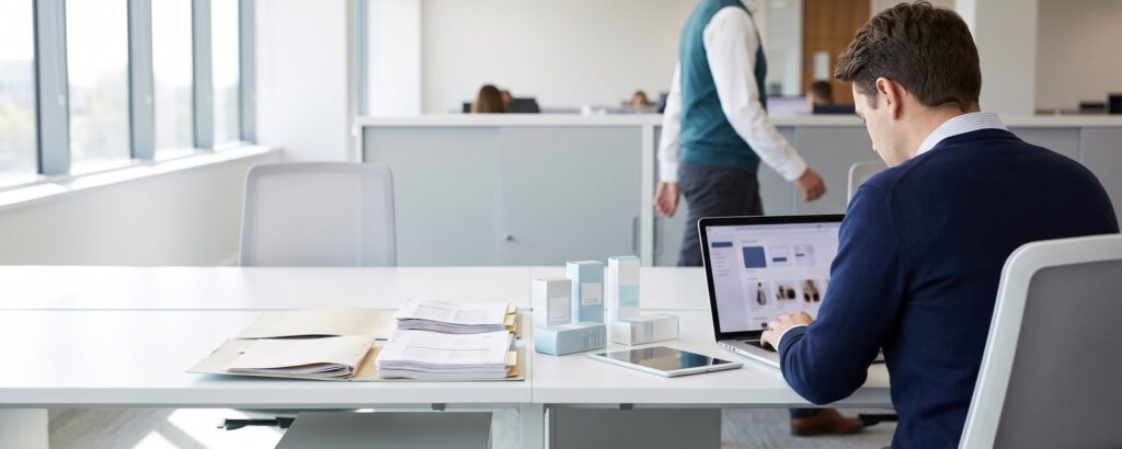 Product data manager consolidating data from many sources at a desk