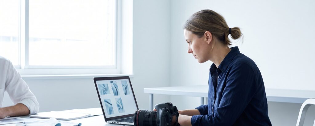 Fotograf sichtet Produktaufnahmen am Laptop