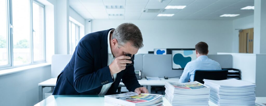 Production manager checking printed catalogue proofs with a loupe