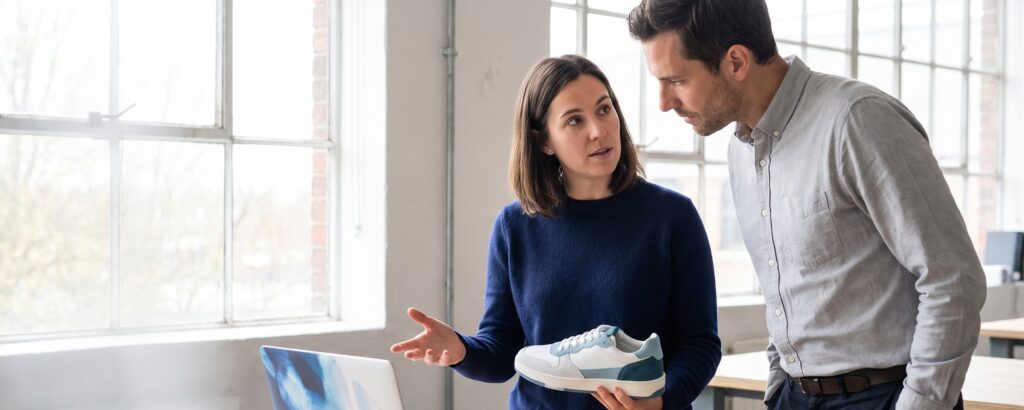 Product manager discussing a sneaker prototype with a colleague