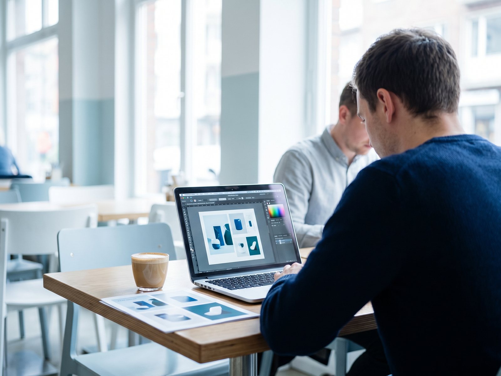 Partnerin passt eine Flyer-Vorlage am Laptop an