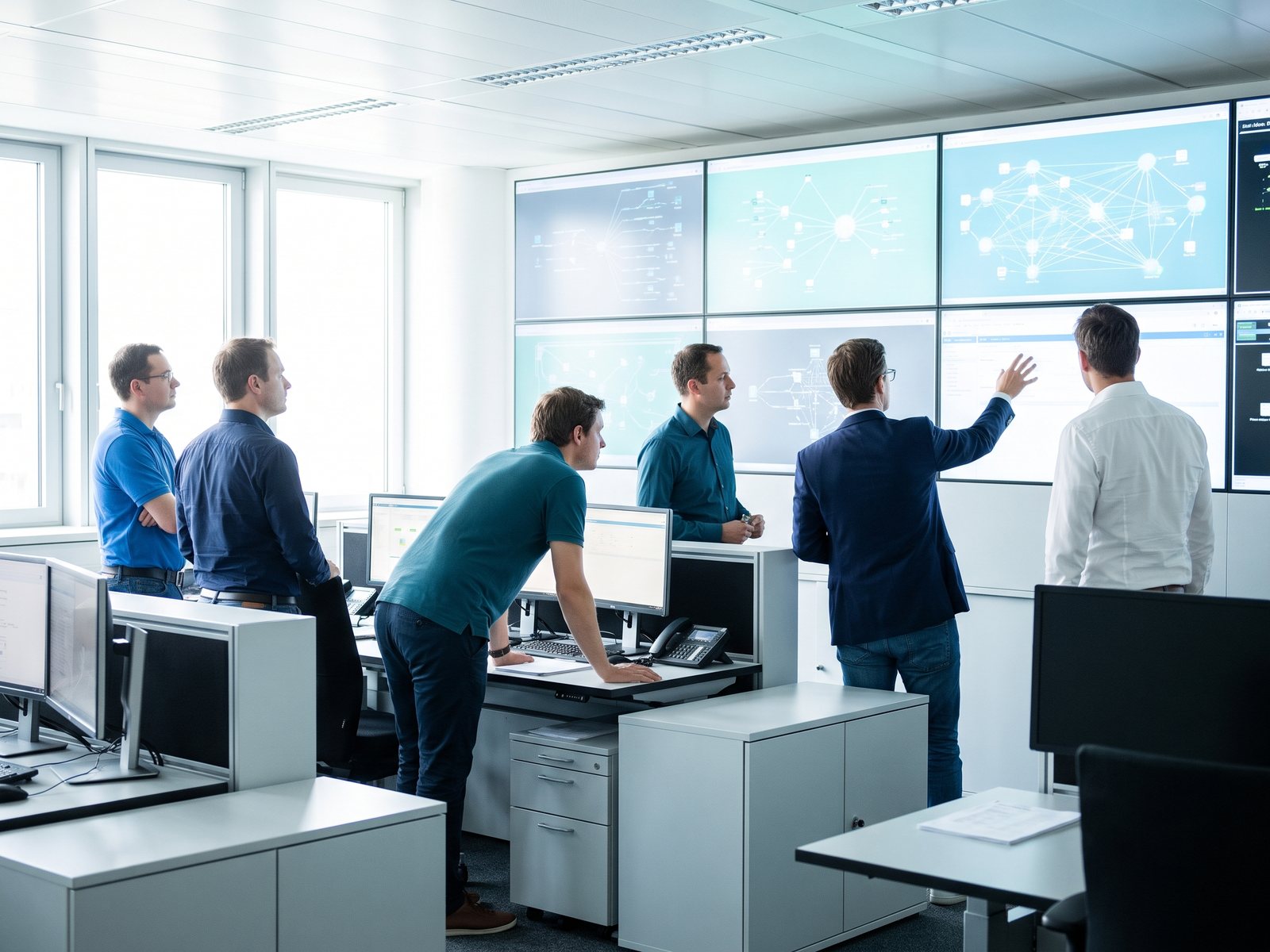 Team working with connected systems in a control room