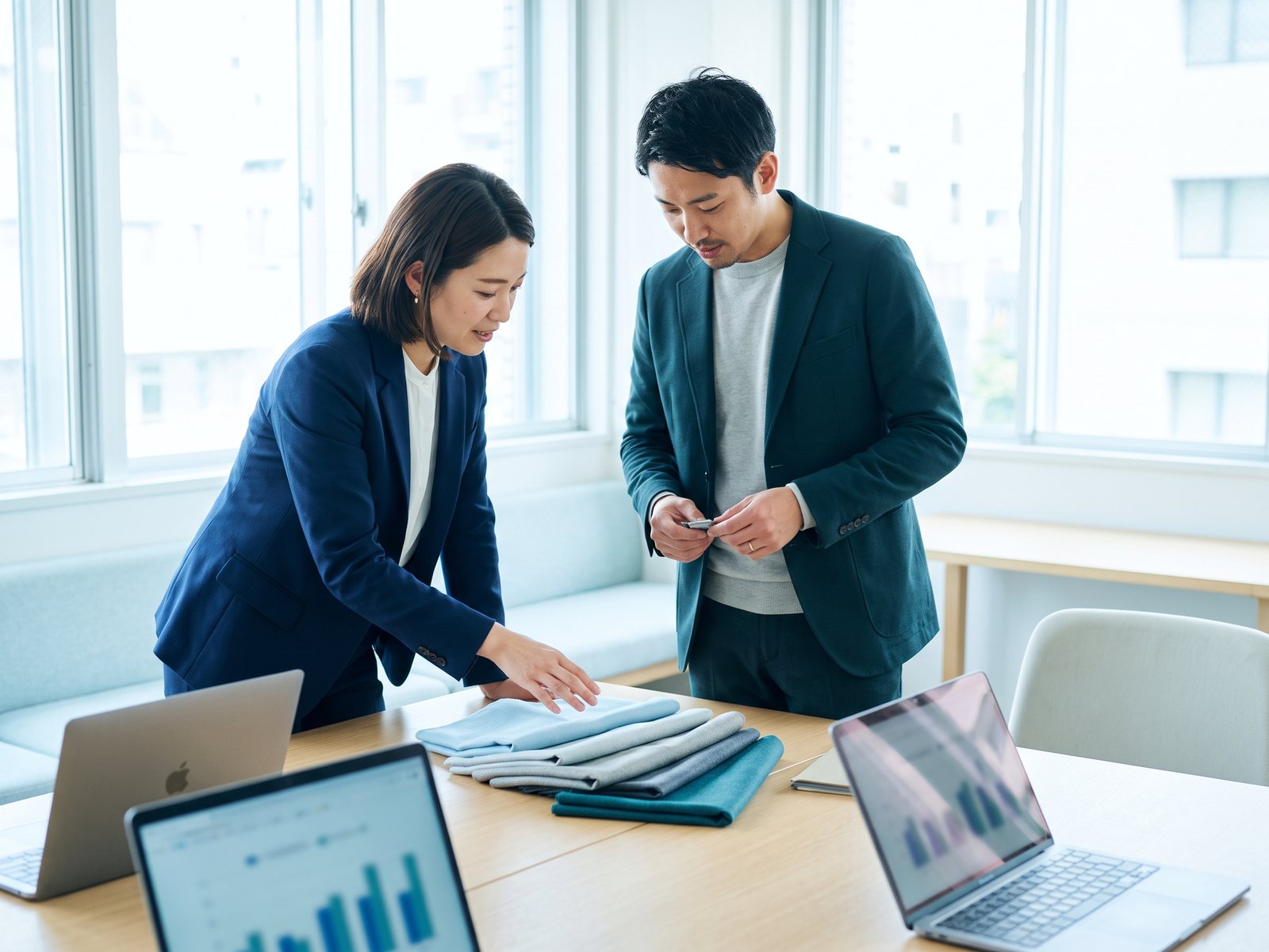 Product manager discussing samples with a manufacturer