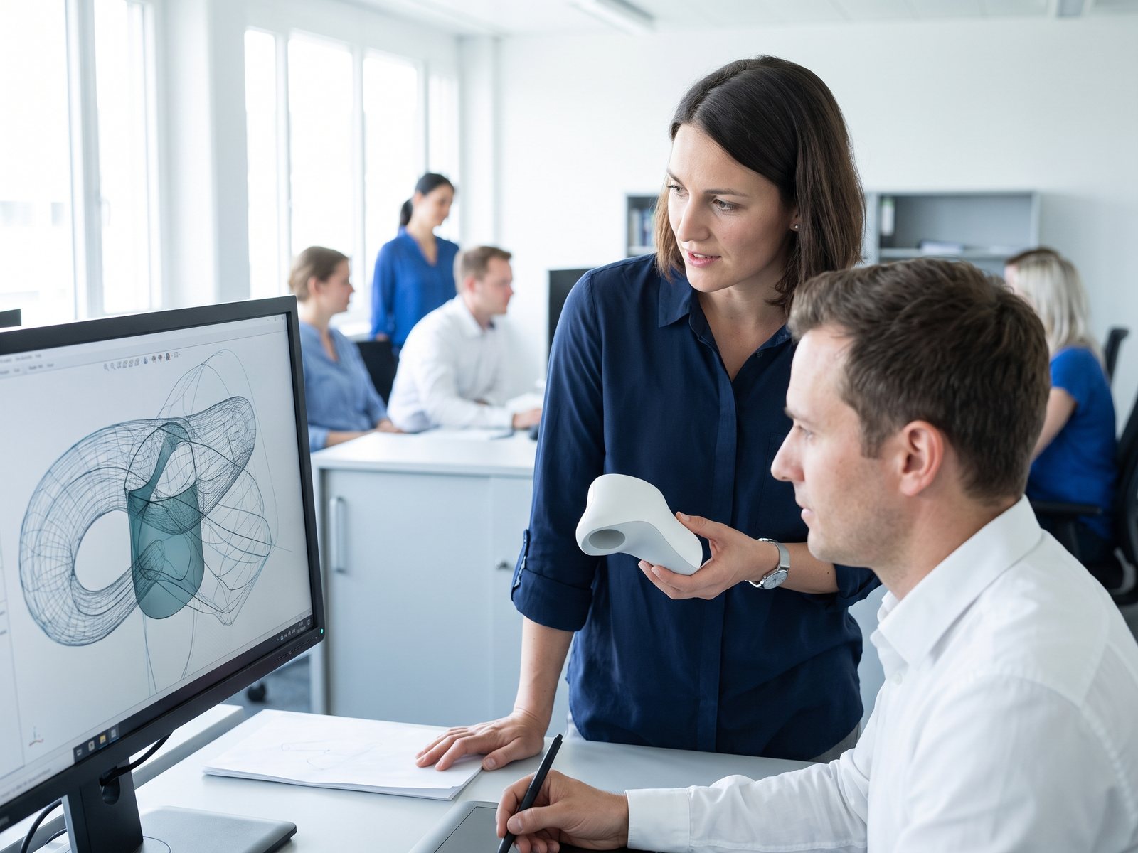 Product manager with a prototype and 3D drawing