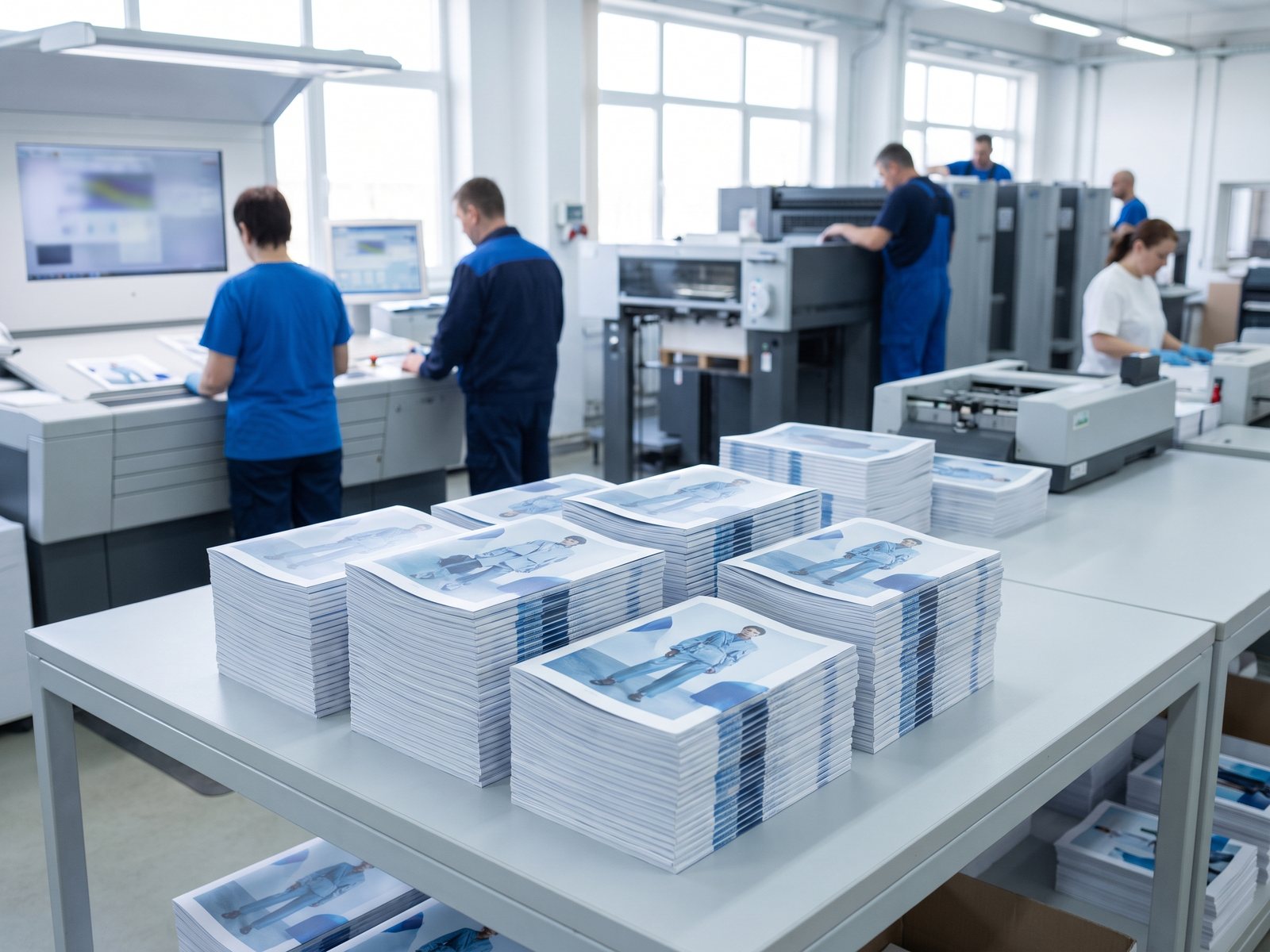 Stacks of freshly printed product catalogues