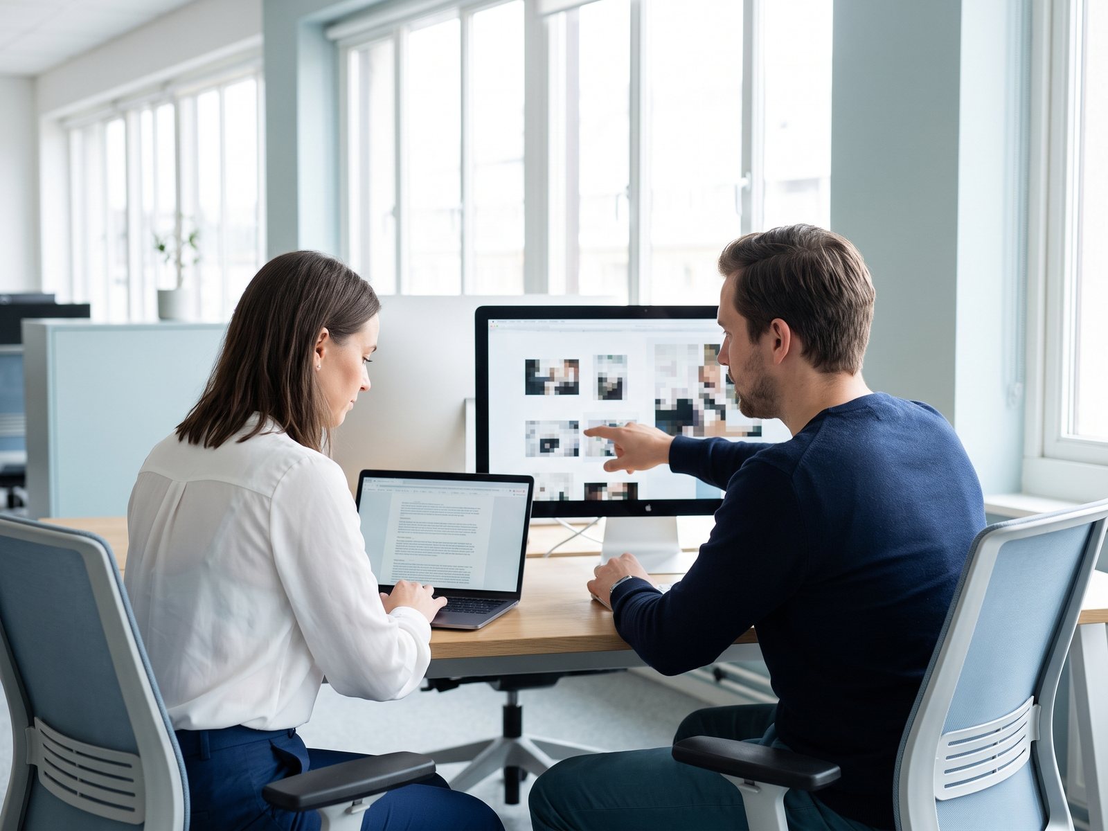 Copywriter and image editor working on the same product