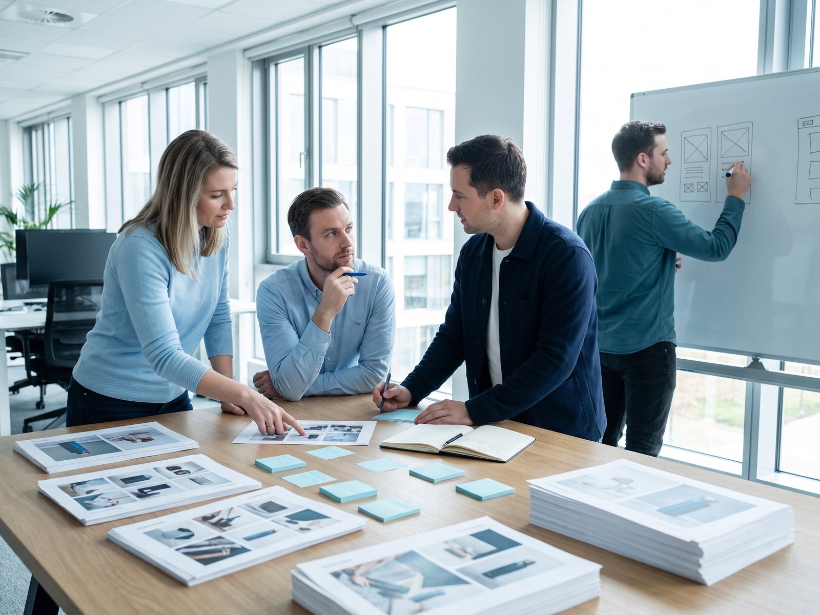 Team plant einen Katalog mit Seitenausdrucken und Whiteboard