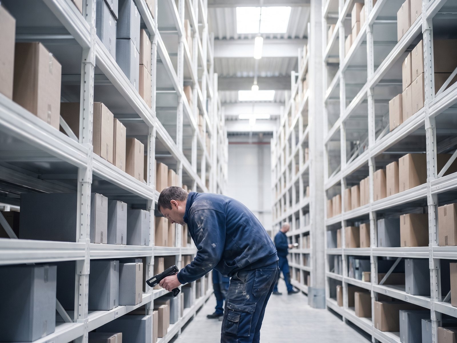 Large warehouse with full shelves, an employee scanning a box