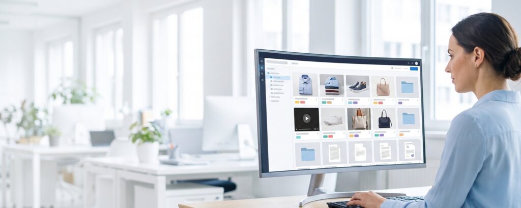 Mitarbeiterin arbeitet mit einer geordneten Medienbibliothek aus Produktfotos, Video und Dokumenten
