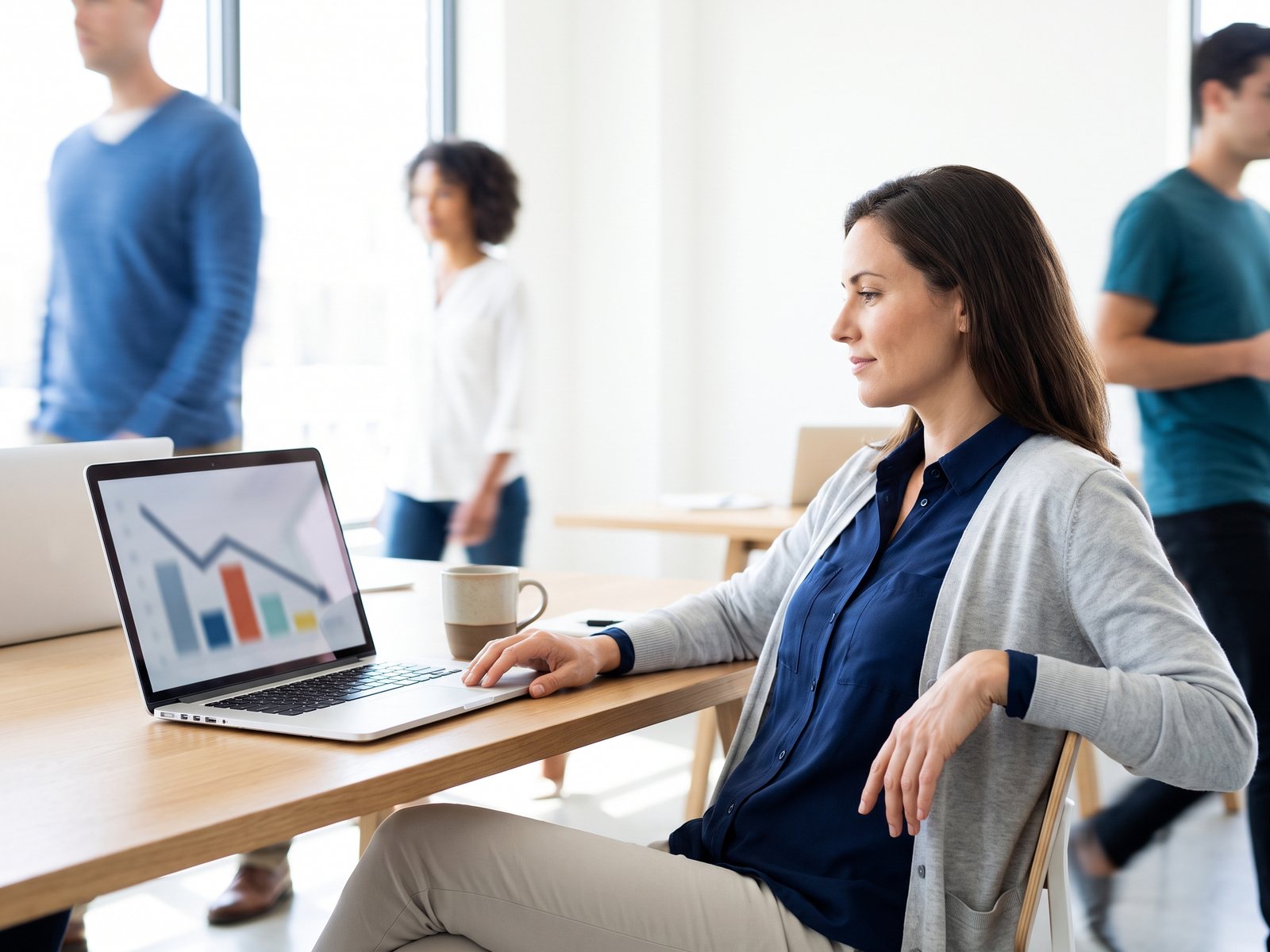Managerin prüft ein Dashboard mit sinkenden Kosten
