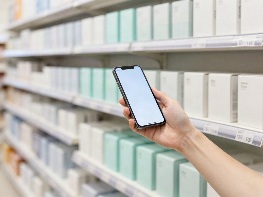 Hand mit Smartphone vor einem Regal mit Produktverpackungen im Handel