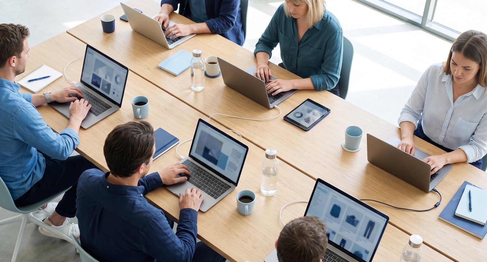 E-commerce team working together on laptops