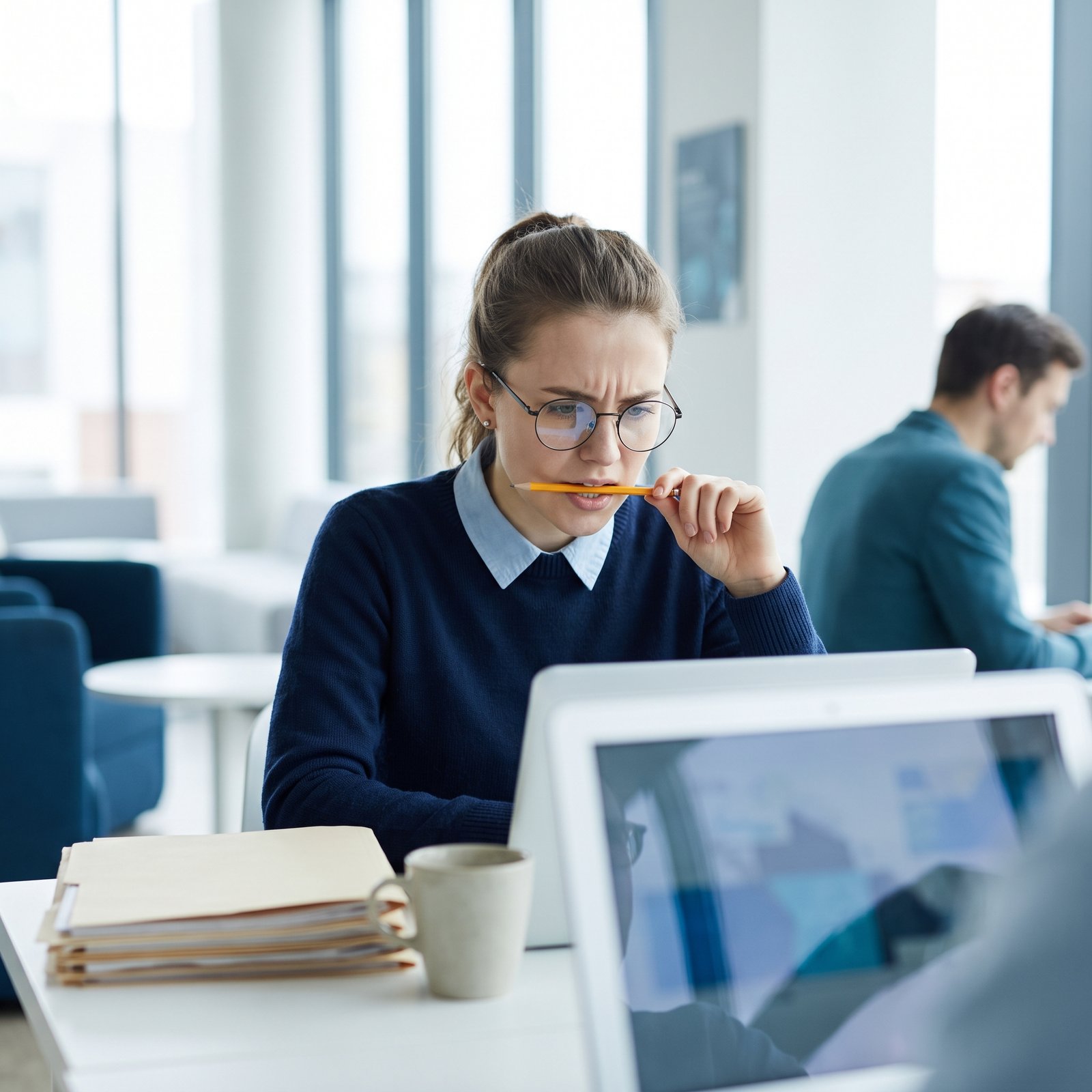Frau arbeitet konzentriert und gestresst am Notebook