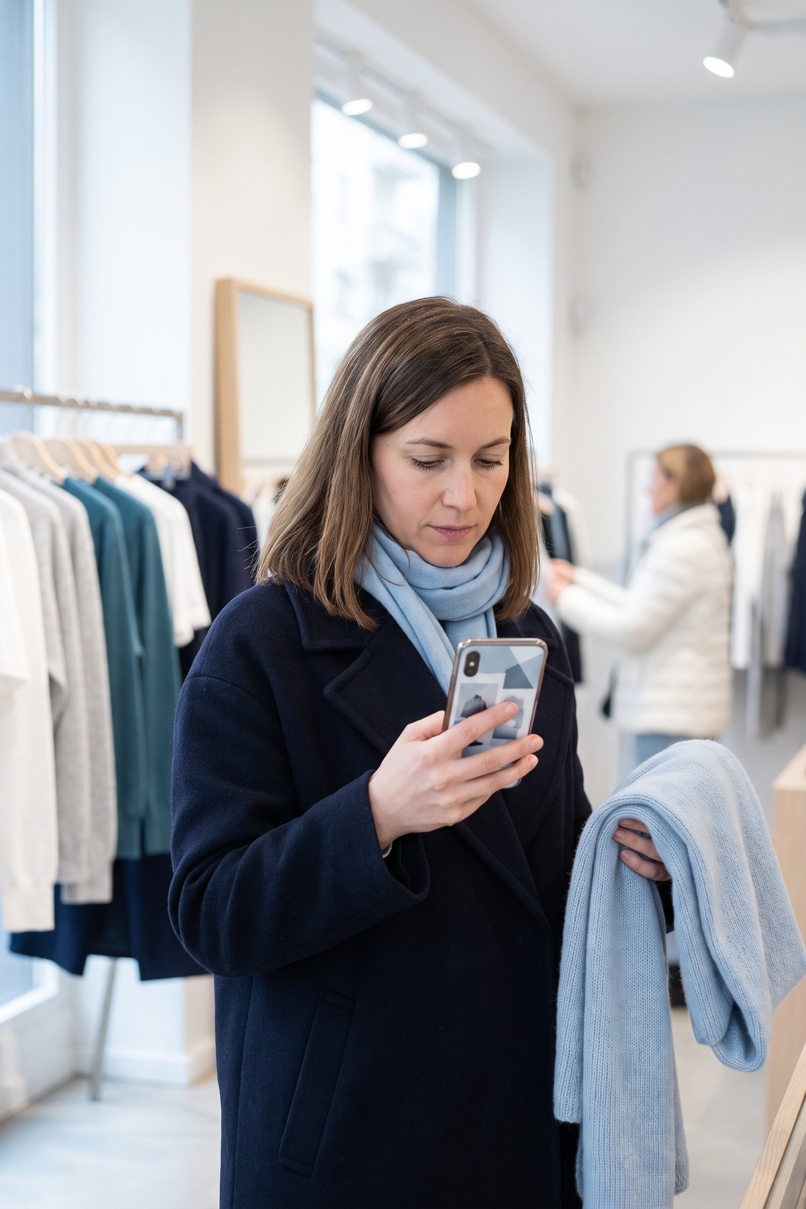 Frau im Geschäft sieht ein persönliches Angebot auf dem Smartphone