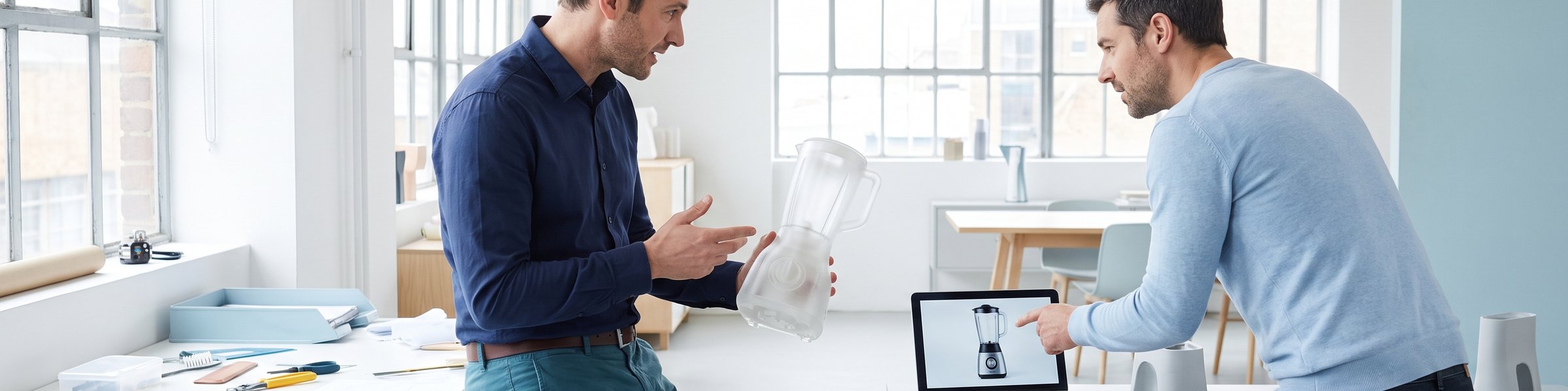 Ingenieur mit Prototyp und Marketing-Kollegin mit fertiger Produktseite