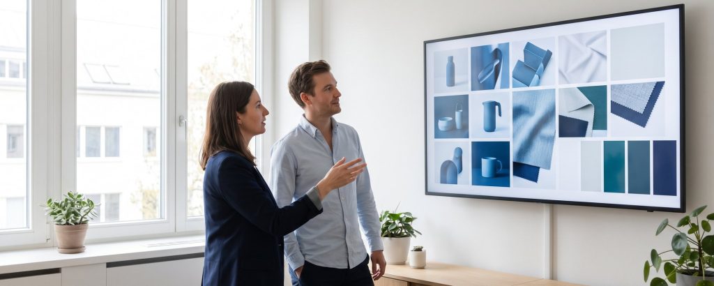 Markenmanagerin teilt Markenmaterial mit einem Agenturpartner