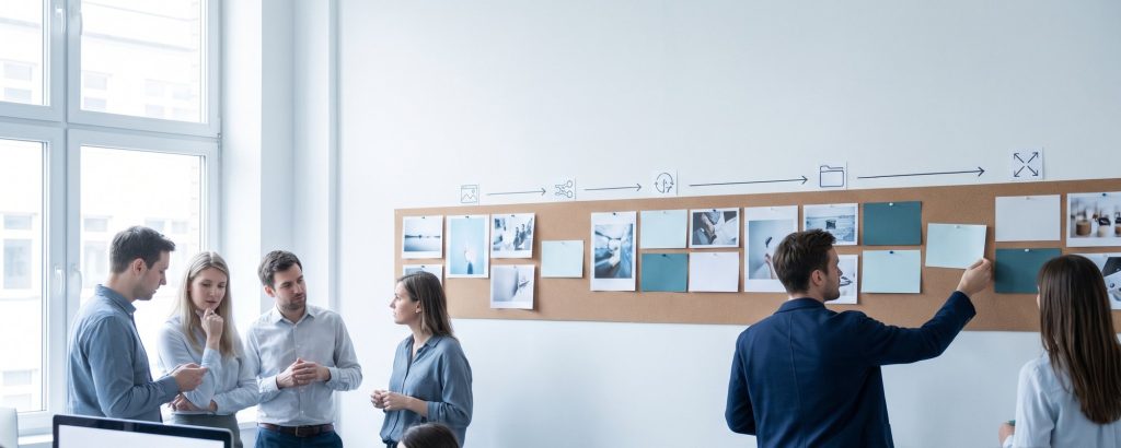 Content-Team plant Inhalte an einer Wand vom Entwurf bis zur Veröffentlichung