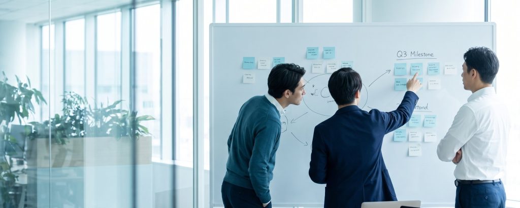Projektteam bespricht den Projektplan am Whiteboard