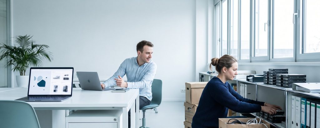 Assistentin sucht in Kisten, Kollege findet das Bild sofort am Laptop