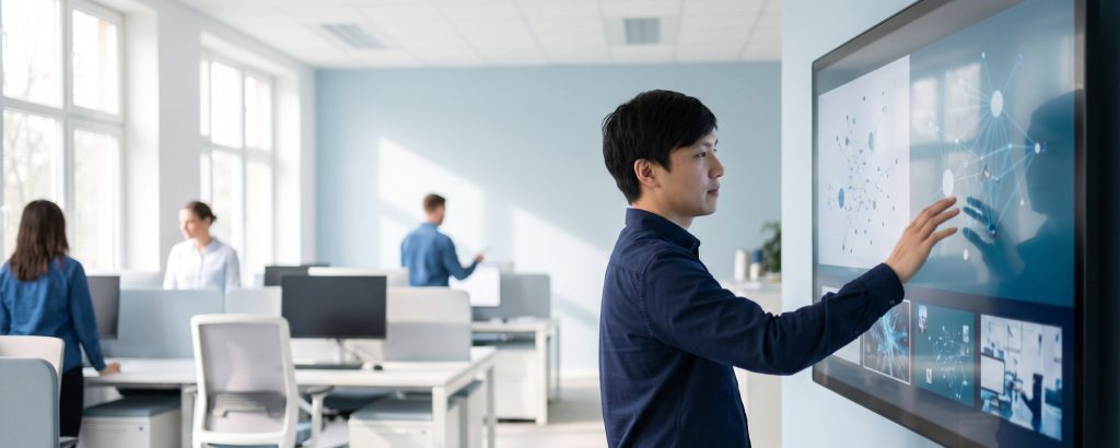 Datenmanagerin ordnet Produktdaten am großen Touch-Bildschirm