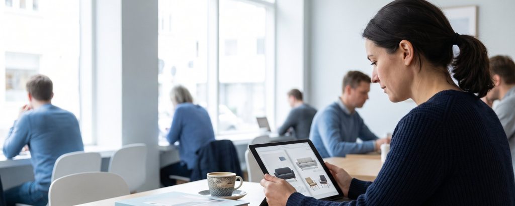 Frau blättert in einem digitalen Katalog auf dem Tablet