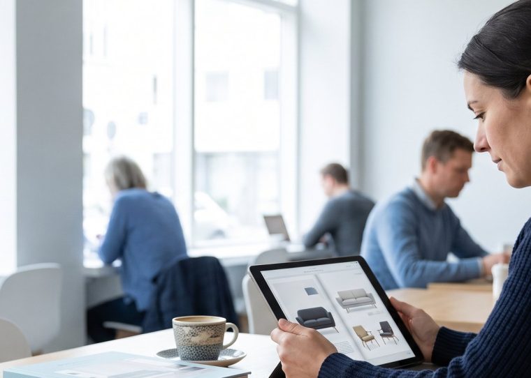 Frau blättert in einem digitalen Katalog auf dem Tablet