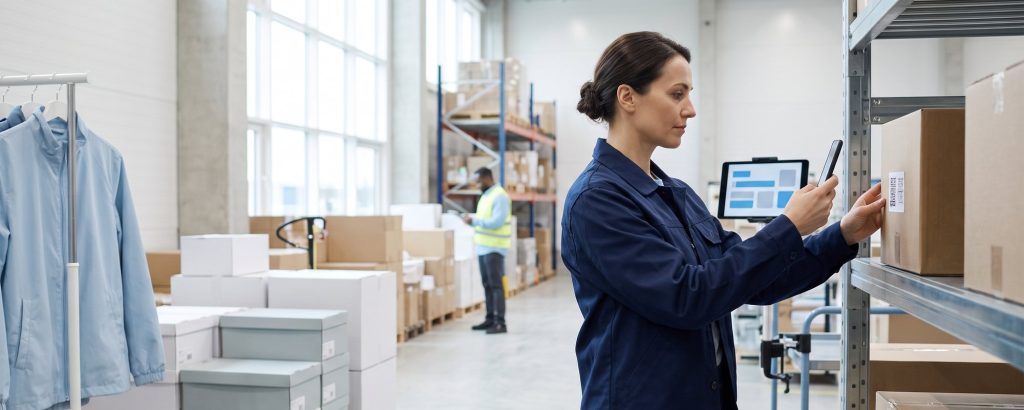 Employee scanning the QR code of a digital product passport in a warehouse