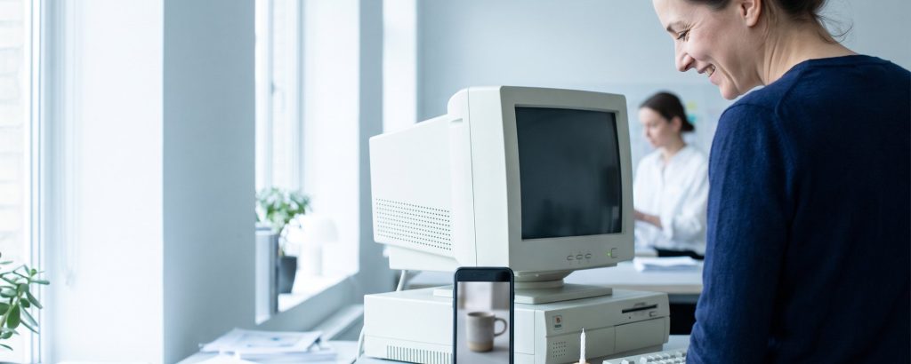 Alter Computer neben modernem Smartphone mit Onlineshop – Geburtstag des E-Commerce