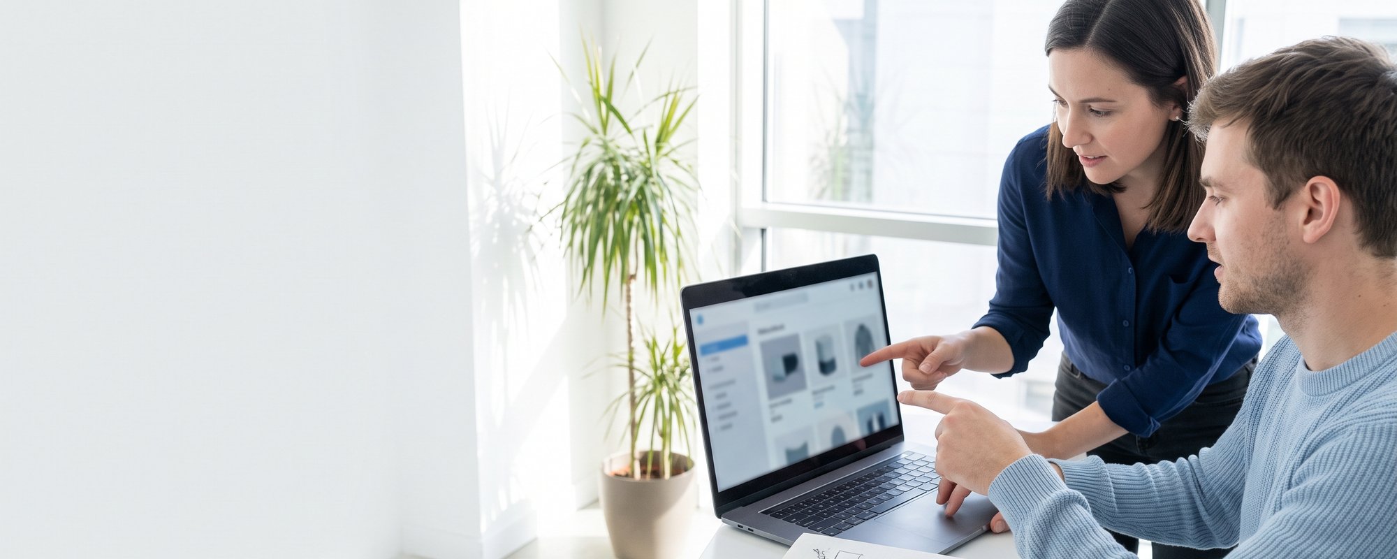 E-Commerce-Managerin erklärt einer neuen Kollegin Begriffe am Laptop