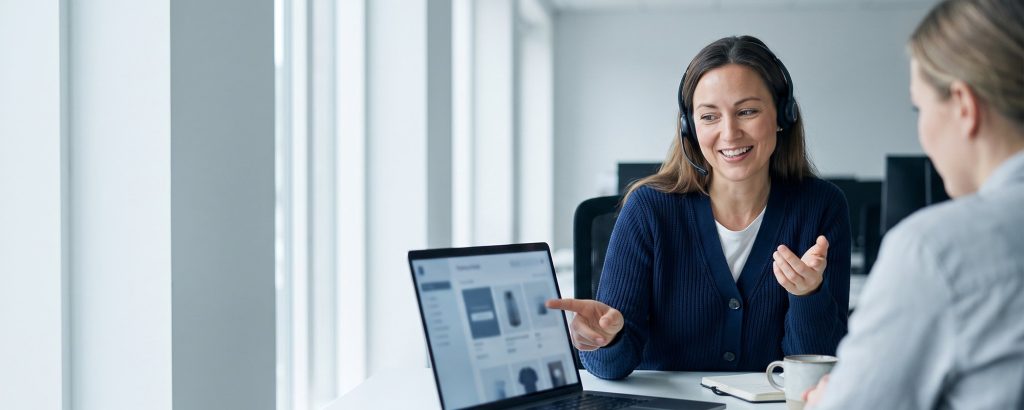 Consultant answering a customer question on a headset
